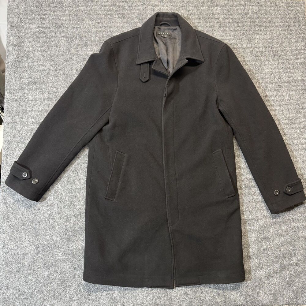 Theory Mens XL Black Wool Blend Overcoat Car Coat Jacket Hidden Zip Minimalist - Picture 1 of 9